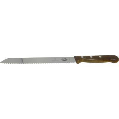 A serrated bread knife with a wooden handle, featuring three rivets.