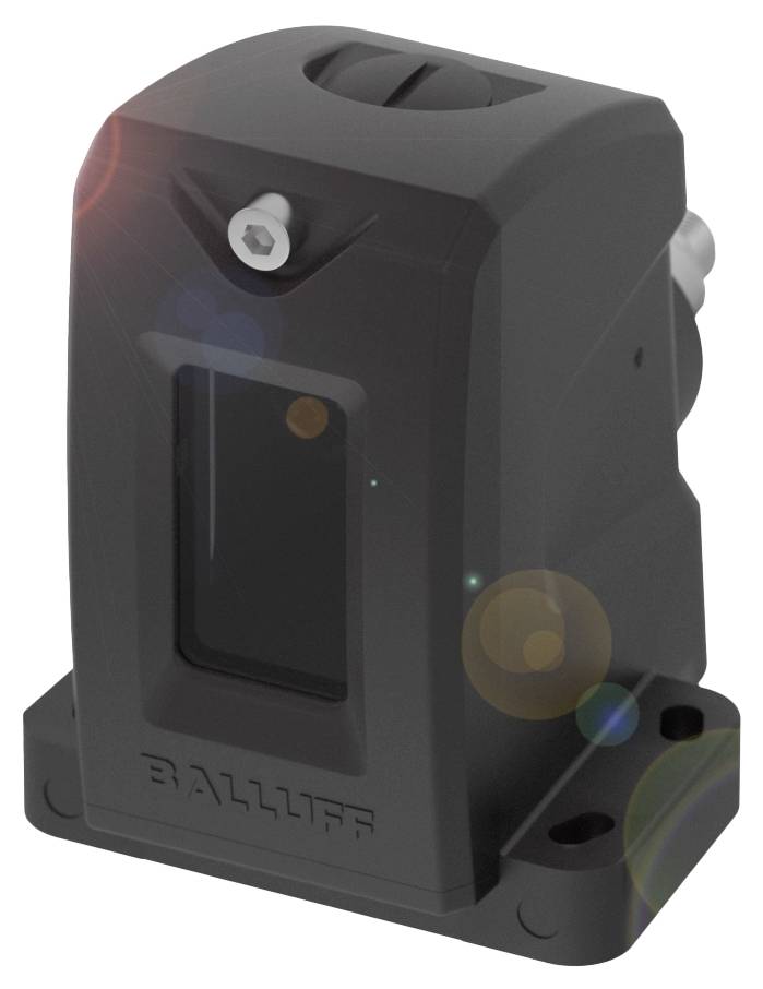 A black, compact sensor from Balluff with a rectangular viewing window and lens reflections, used for detection or measurement.