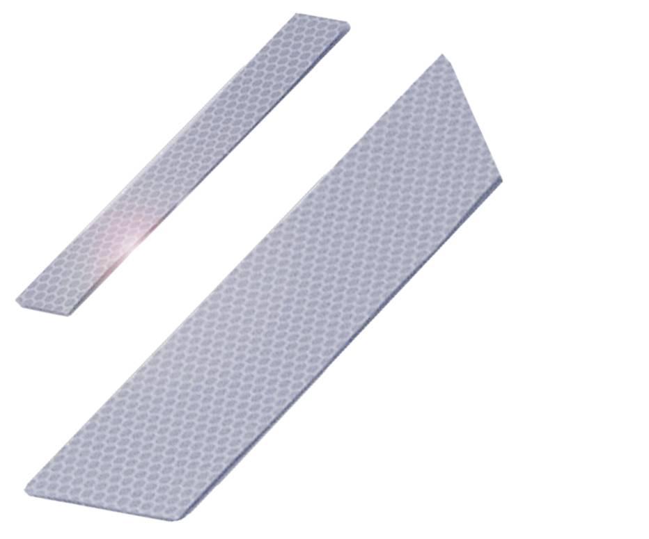 Two gray rectangular metal strips with honeycomb structure on white background. The larger strip has a beveled corner.
