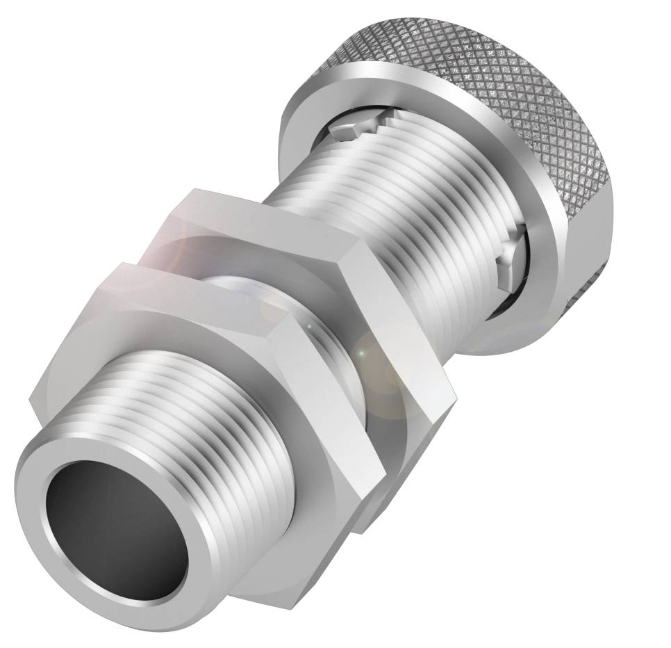 A silver metal screw fitting with a knurled external thread, suitable for connecting pipes or hoses.