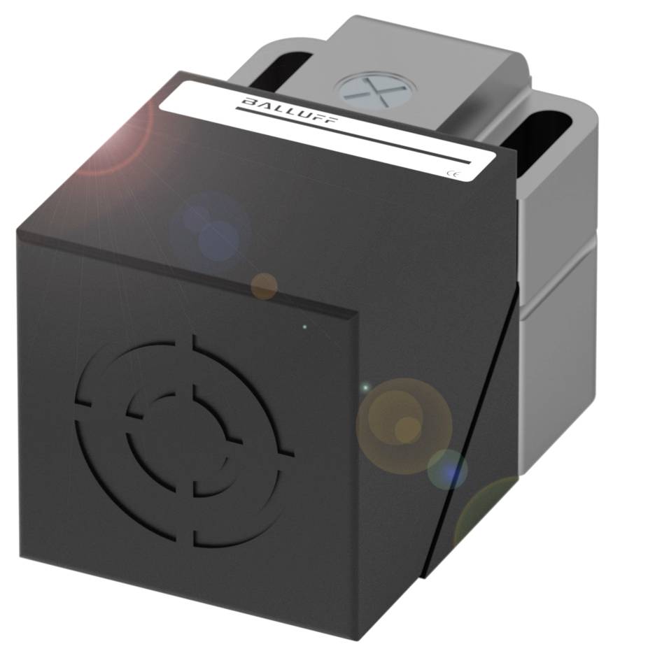 A square, black sensor with the text 'Balluff' and a stylized target symbol on the front.