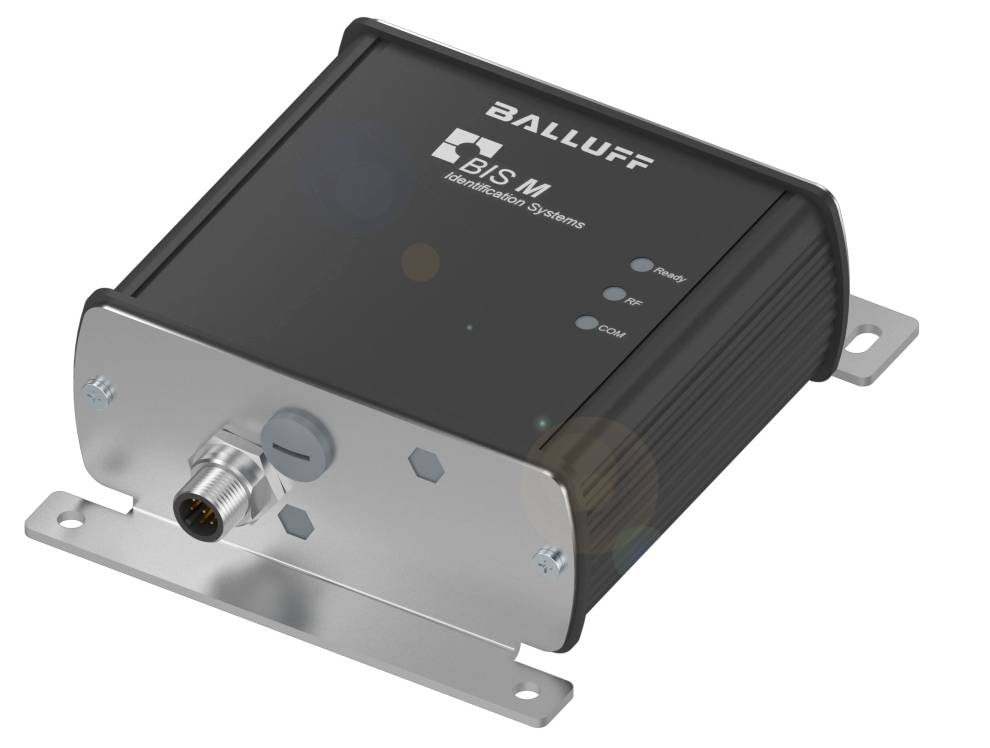 A metallic housing with the inscription 'Balluff BIS M Inductive Systems'. It has a round connector and status indicators.