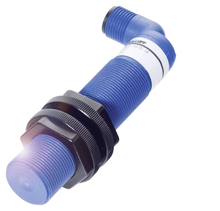 A blue cylindrical sensor with a right-angle connector and black mounting nut, commonly used in industry.