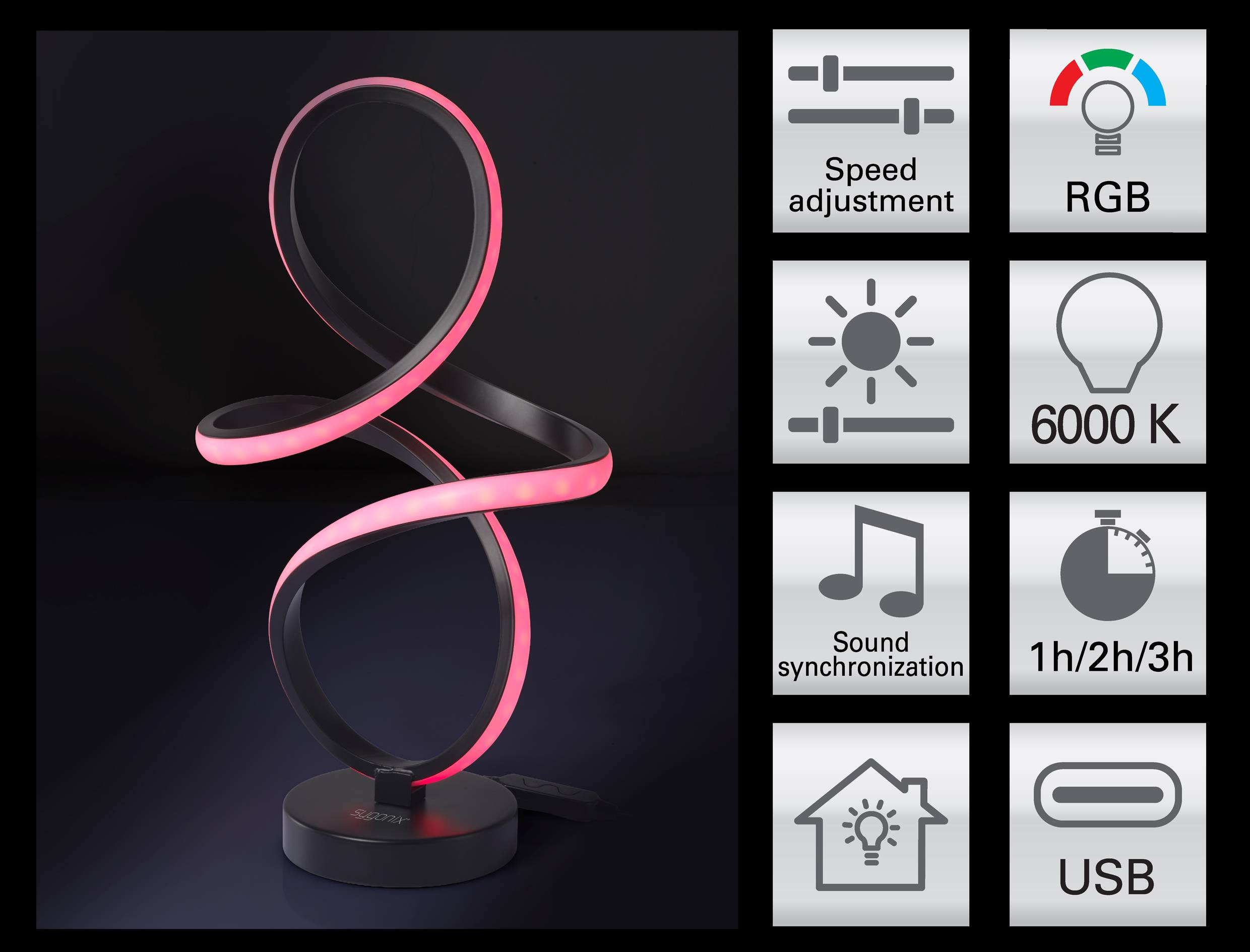 A modern table lamp with a spiral design featuring RGB lighting, adjustable speed, 6000K color temperature, sound sync, timer, USB power.