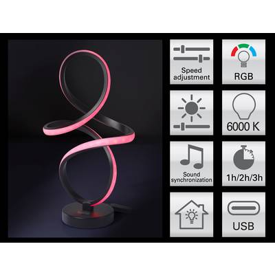 A modern table lamp with a spiral design featuring RGB lighting, adjustable speed, 6000K color temperature, sound sync, timer, USB power.