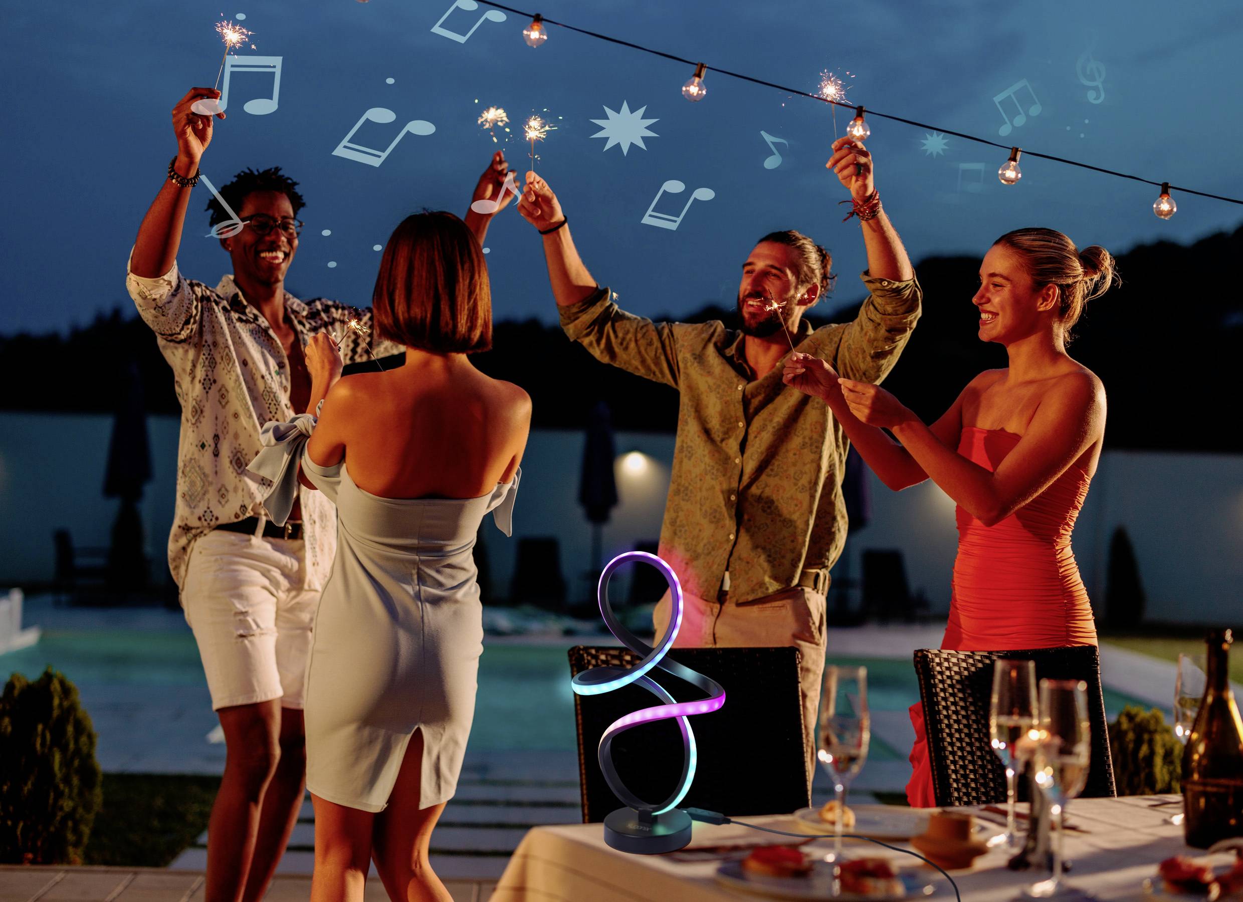 People celebrating outdoors at night, holding sparklers, near a pool with string lights. Musical notes and stars float in the air.