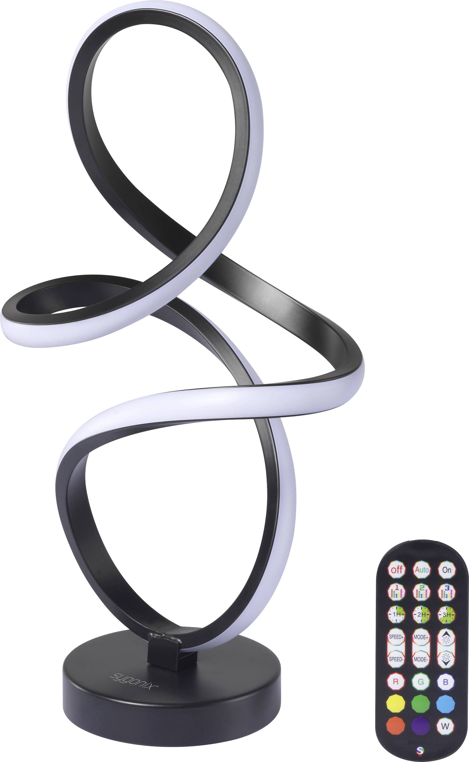 A modern, black spiral LED lamp with a remote control. The lamp has a twisting design and emits white light, offering various settings via remote.