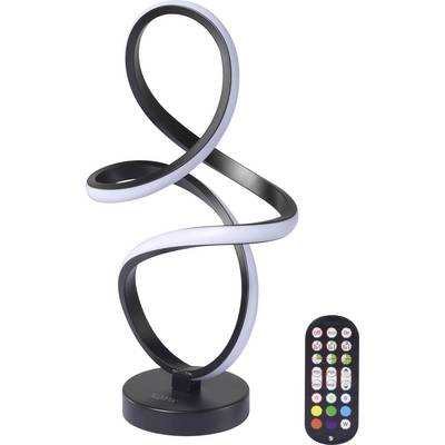 A modern, black spiral LED lamp with a remote control. The lamp has a twisting design and emits white light, offering various settings via remote.