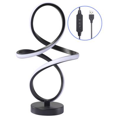 A modern spiral LED lamp with a USB power cord and a control switch for adjusting brightness.