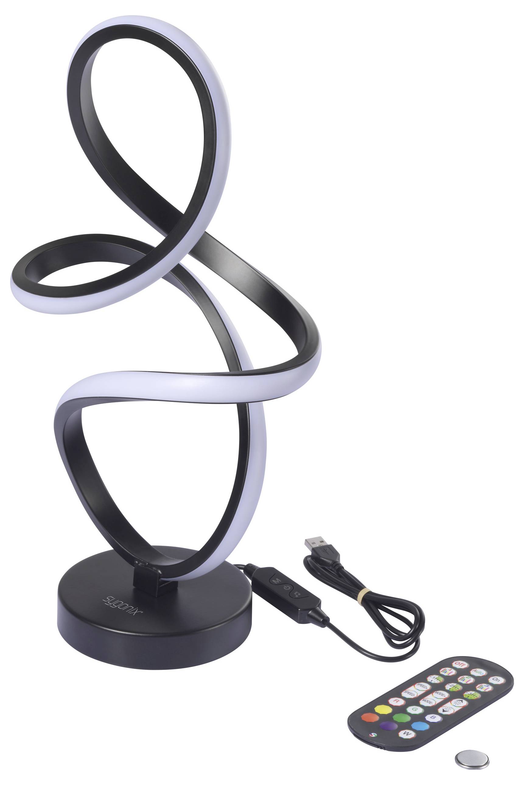 A modern, spiral-shaped LED lamp with a remote control and USB cord, designed for ambient lighting, set on a simple circular base.