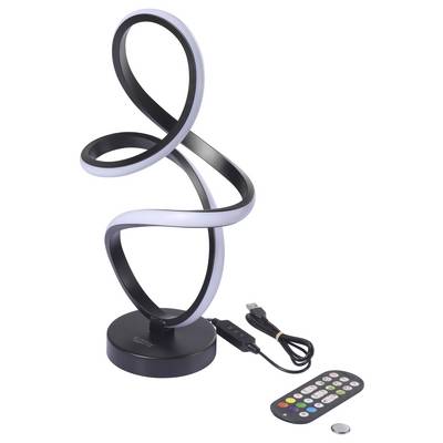 A modern, spiral-shaped LED lamp with a remote control and USB cord, designed for ambient lighting, set on a simple circular base.