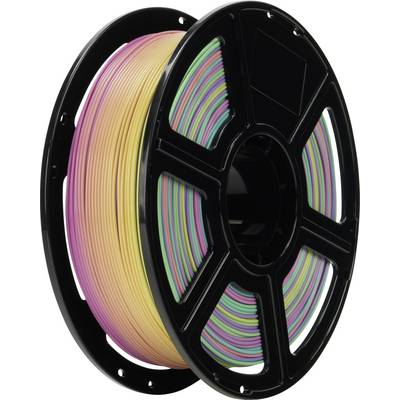 A spool of multicolored 3D printing filament featuring shades of orange, yellow, green, and purple, used for creating 3D printed objects.