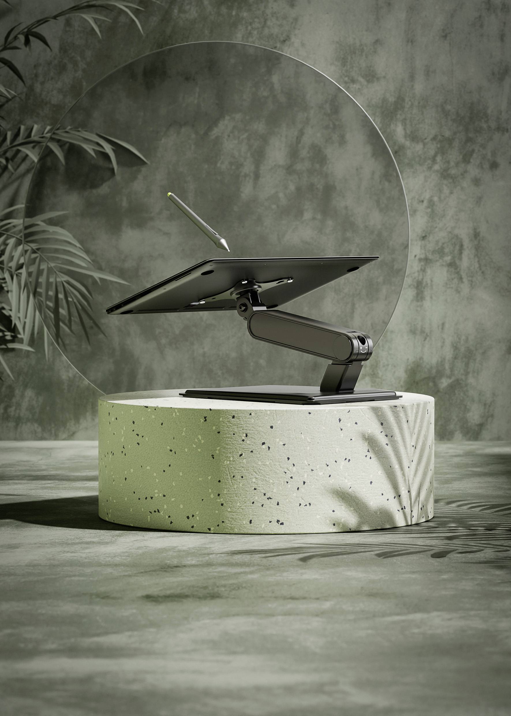 A sleek, modern tablet on an adjustable stand with a stylus, set against a minimalist green background with faint plant shadows.