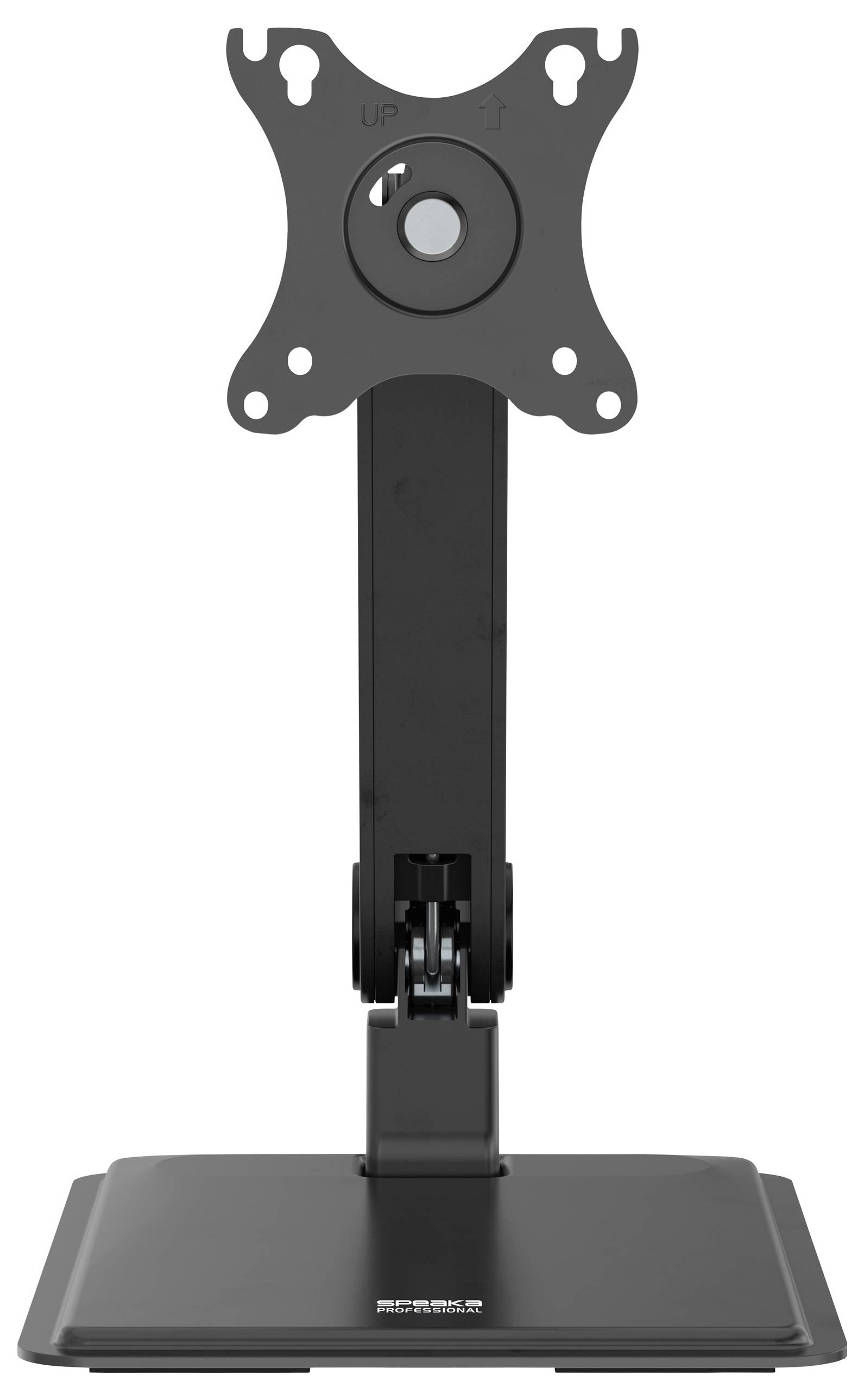 A black adjustable monitor stand with a square base, designed to hold a flat-screen monitor. The mount is VESA compatible.