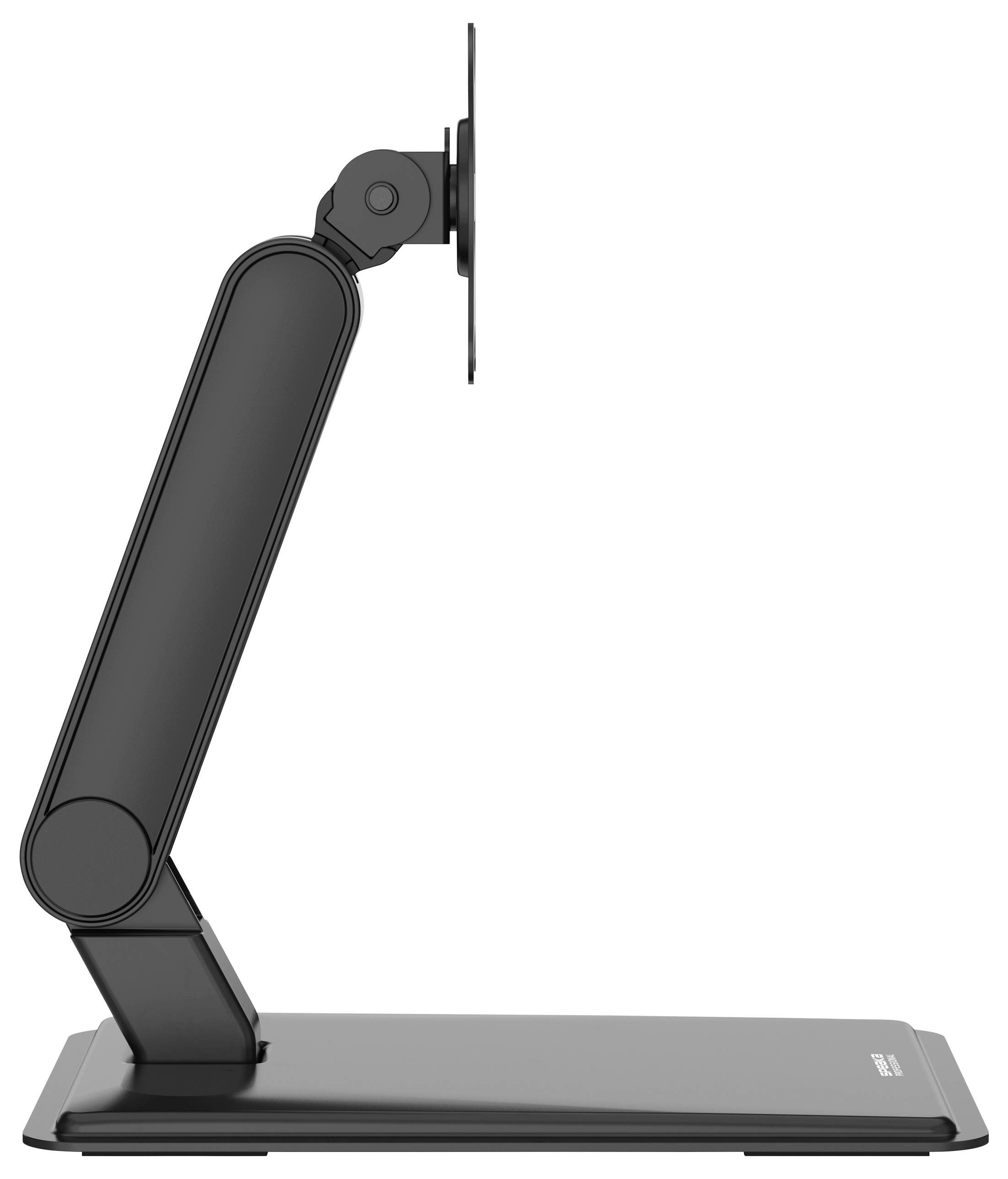 A side view of a black adjustable monitor stand, showing its three-section arm extended vertically, mounted on a rectangular base.
