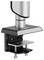 A metal and plastic desk clamp mount for a monitor arm, shown in a close-up view, highlighting its adjustable screws and slim design.
