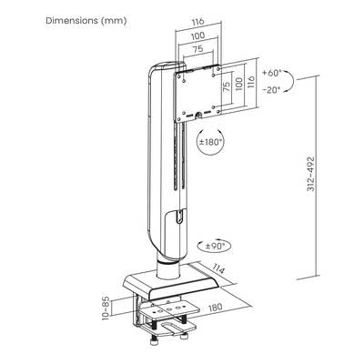 Diagram of a monitor stand showing tilt range as +60° to -20°, rotation as ±180°, height adjustment from 312 to 492 mm, and detailed dimensions in millimeters.