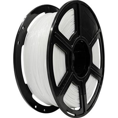 A spool of white 3D printing filament, coiled neatly, with a black plastic reel showing cutouts.