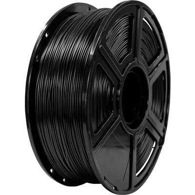A spool of black filament for 3D printing, wound tightly around a large plastic spool, ready for use in a 3D printer.