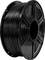 A spool of black filament for 3D printing, wound tightly around a large plastic spool, ready for use in a 3D printer.