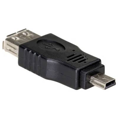 A black USB adapter with a Mini-USB connector on one side and a USB-A female port on the other side.