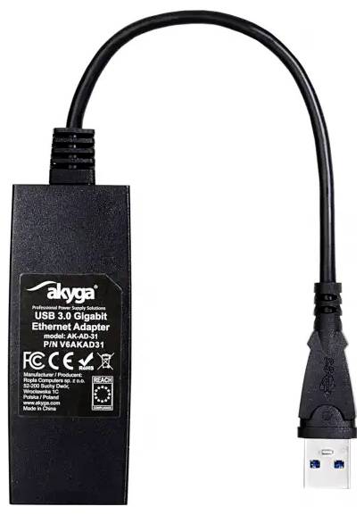 'USB 3.0 Gigabit Ethernet Adapter' by Akyga, Model: AK-AD-31. Black cable with USB connector, suitable for network connections.