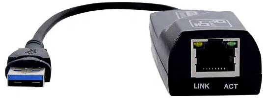 A USB-to-Ethernet adapter with a USB port on the left and an Ethernet port on the right, used for network connections.