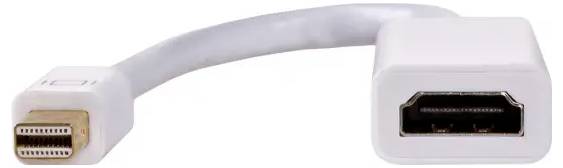 White Mini DisplayPort to HDMI adapter cable, dual-sided connection, for video and audio connections between devices.