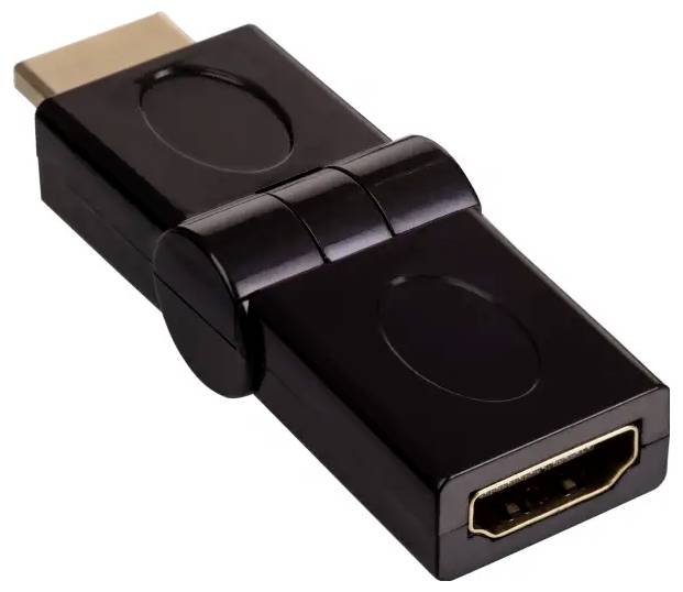 A black HDMI adapter with an adjustable joint, enables flexible connection of HDMI cables in tight spaces.