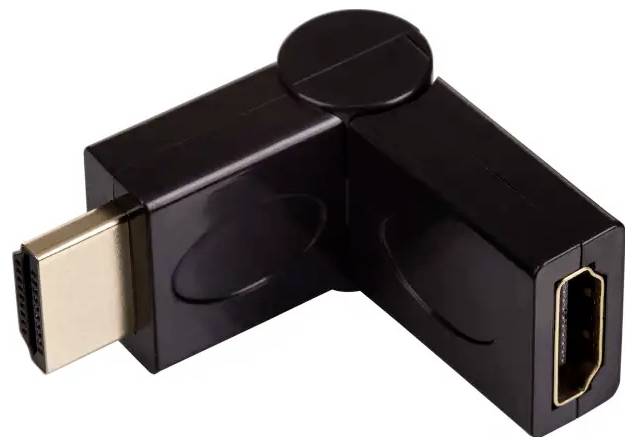 Black HDMI adapter with swivel joint, enables flexible connection between HDMI cables in tight spaces.