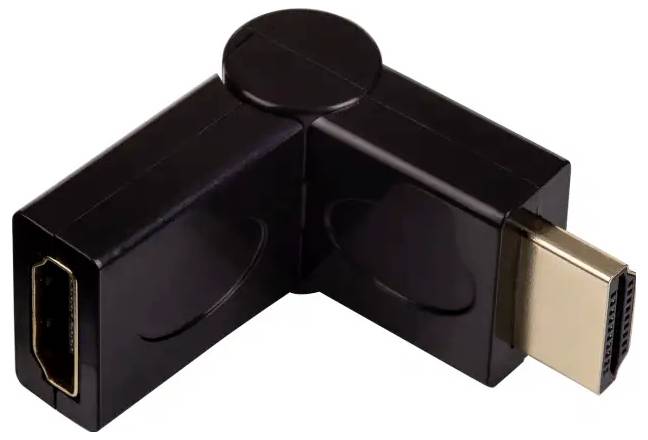 A black HDMI angle adapter with an HDMI plug on one side and an HDMI socket on the other side.