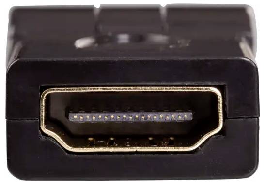 Close-up of an HDMI connector, showing the gold-colored contacts and the black plastic casing. Point for connecting devices.