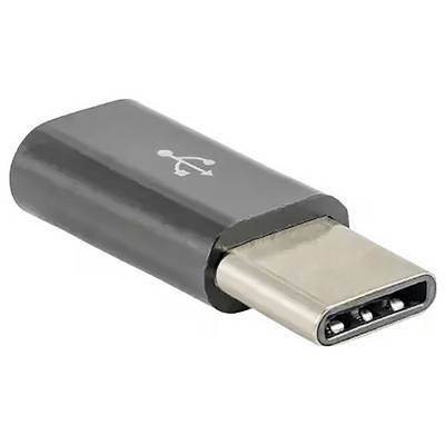 USB-C adapter, black, with USB logo, compact and metallic, used for connecting devices with different ports.