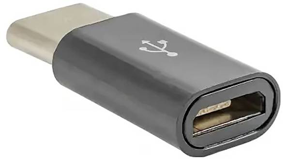 USB-C to Micro USB adapter in black, for connecting devices with different USB ports.