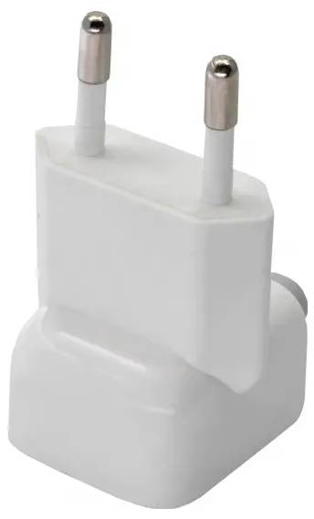 A white adapter plug with two round metal pins, commonly used for European outlets.