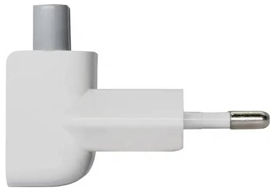 A white angled adapter for a headphone jack, shown from the side.