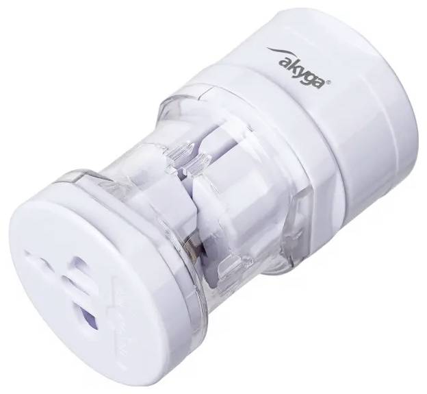 A white, transparent adapter plug with the 'akyga' logo, suitable for connecting different plug types or devices.