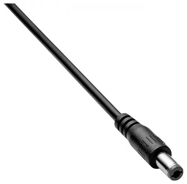 A black electrical cable with a cylindrical plug, suitable for electronic devices.