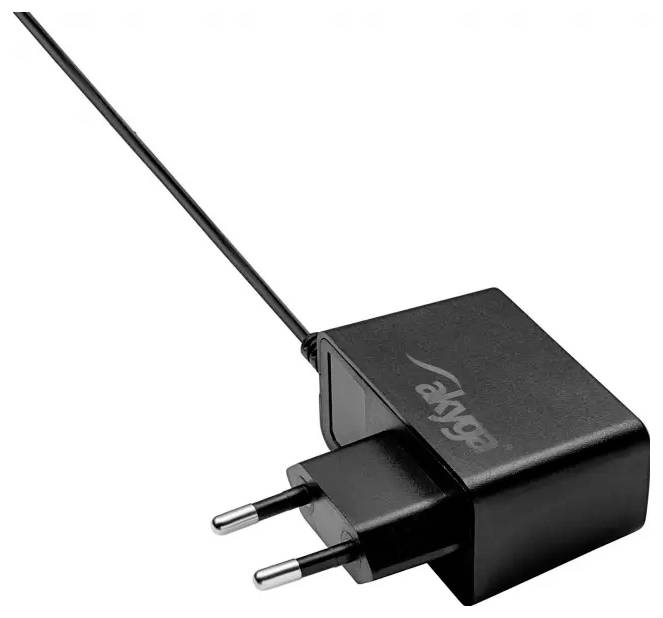 Black power supply with two Euro plugs and a long cable.