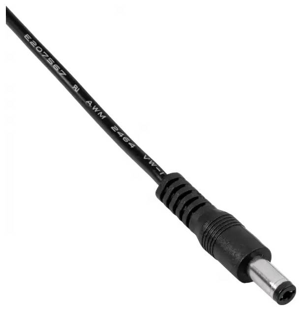 Black DC power supply cable with round connector and engraved text on the cable sheath, suitable for electronic devices.