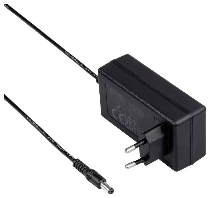 Black power adapter with EU plug and long cable. Suitable for electronic devices.