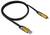 A black USB cable with yellow connectors, featuring a USB-A and a Lightning interface, suitable for charging and data transfer.