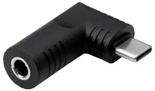 A black 90-degree adapter with a USB-C connector on one side and a 3.5mm audio jack on the other side.