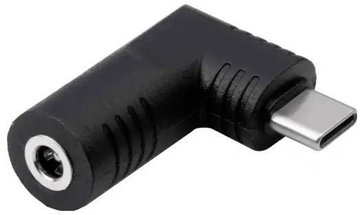 A 90-degree USB-C to 3.5mm audio jack, black, for audio device adapter.