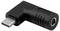 A black 90-degree angle adapter with a USB-C connector on one side and a 3.5mm headphone jack on the other side.