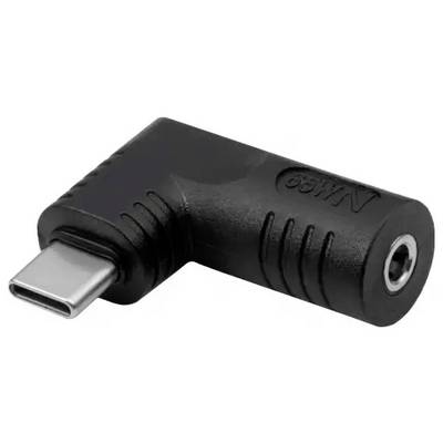 An L-shaped adapter with USB-C connector and 3.5 mm headphone jack, commonly used for headphone connections on USB-C devices.