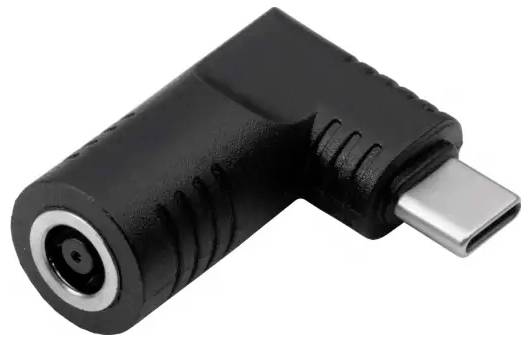 A black L-shaped adapter with a USB-C connector on the right side and a round socket on the left side.