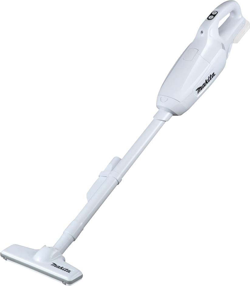 Cordless, white handheld vacuum cleaner with Makita logo, suitable for light cleaning tasks indoors.