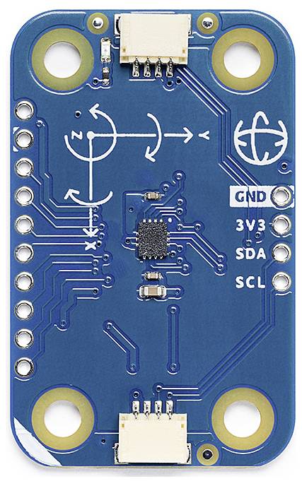 Blue electronic module with multiple contacts and circuit details. Labels: 'GND', '3V3', 'SDA', 'SCL'.
