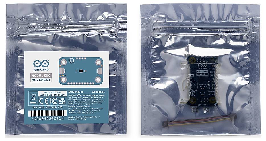 Arduino sensor packaging with technology label and barcode on the front; technical details and sensor visible on the back.